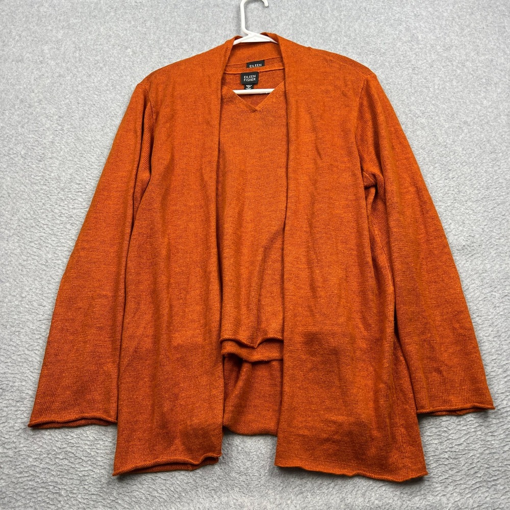Eileen Fisher Sweater Set Womens Medium Orange 100% Linen Knit Cardigan Tank 2pc